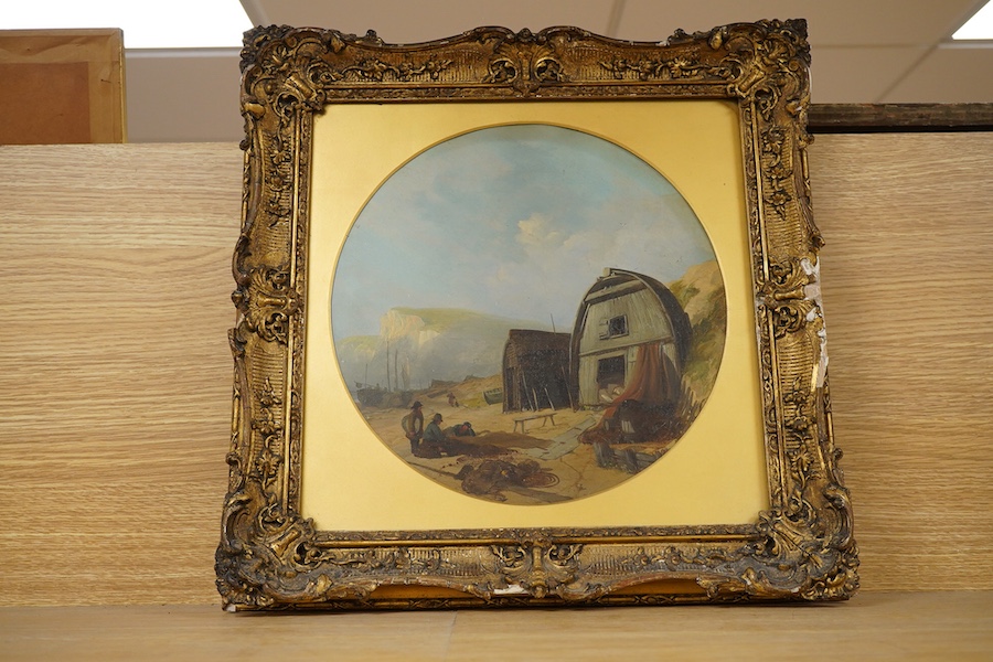 Victorian School, Fishermen's huts on a coastline, unsigned, oil on canvas, tondo, diameter 27cm